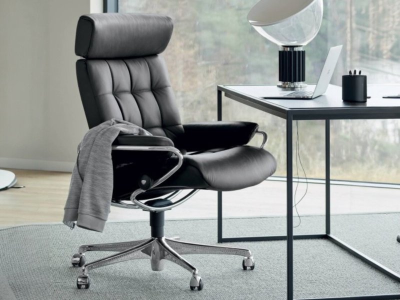 Stressless Quick Ship Stressless London Office Chair With Adjustable Headrest in Paloma Black