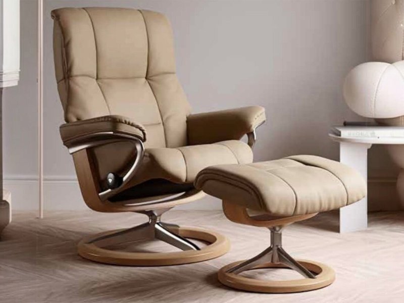 Stressless Stressless Quick Delivery Mayfair Medium Signature Base in Paloma Sand With An Oak Wood Base