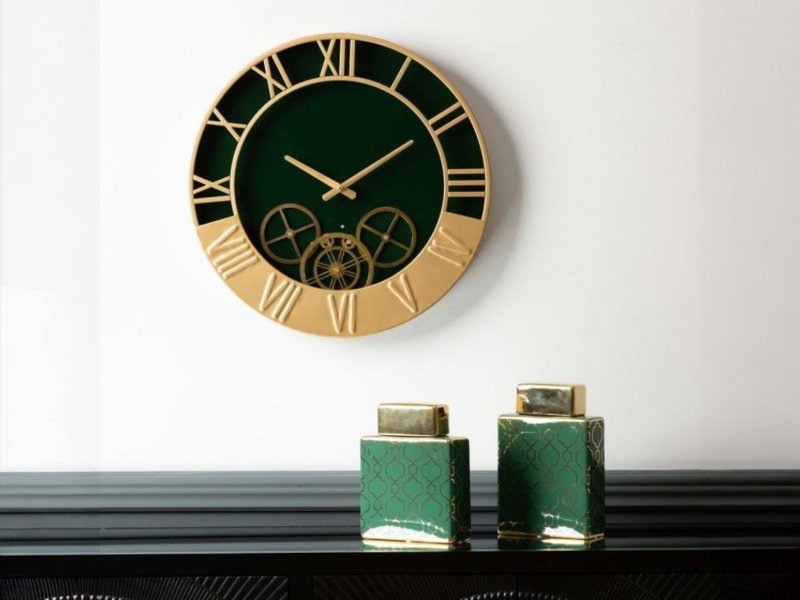 Beadle Crome Interiors Special Offers Dark Green and Gold Metal Gears Wall Clock